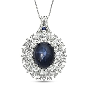 D'Joy Blue Star Sapphire (DF) and Multi Gemstone 10.20 ctw Royal Star Bloom Pendant Necklace in Rhodium Over Sterling Silver 20 Inches (Del. in 8-10 Days)