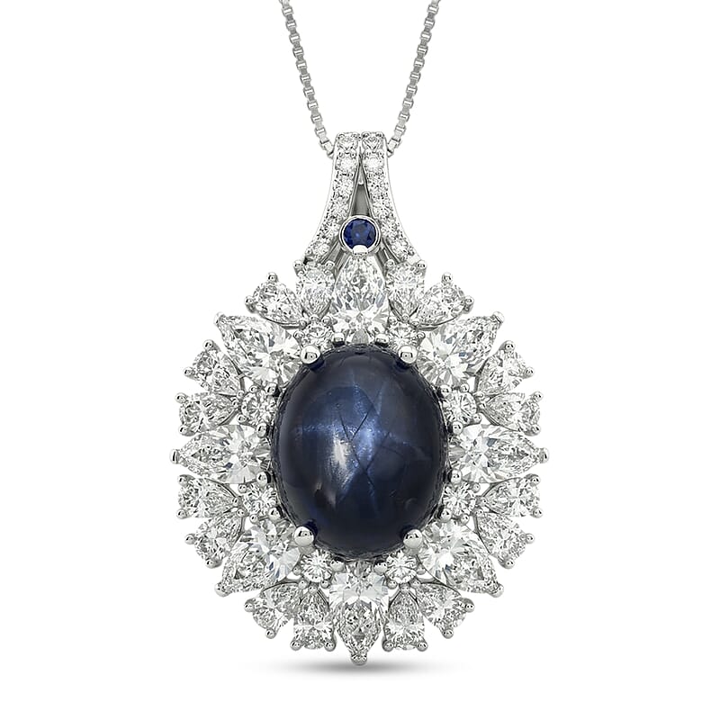 D'Joy Blue Star Sapphire (DF) and Multi Gemstone 10.20 ctw Royal Star Bloom Pendant Necklace in Rhodium Over Sterling Silver 20 Inches