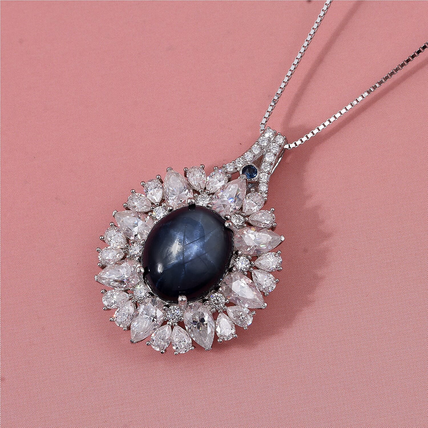 D'Joy Blue Star Sapphire (DF) and Multi Gemstone 10.20 ctw Royal Star Bloom Pendant Necklace in Rhodium Over Sterling Silver 20 Inches