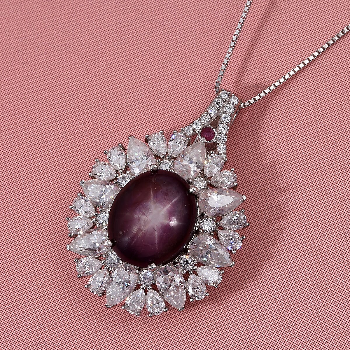 D'Joy Indian Star Ruby and Multi Gemstone 11.50 ctw Royal Star Bloom Pendant Necklace in Rhodium Over Sterling Silver 20 Inches image number 1