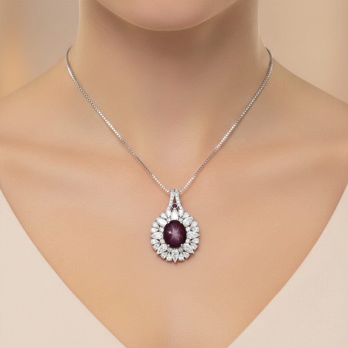 D'Joy Indian Star Ruby and Multi Gemstone 11.50 ctw Royal Star Bloom Pendant Necklace in Rhodium Over Sterling Silver 20 Inches image number 2