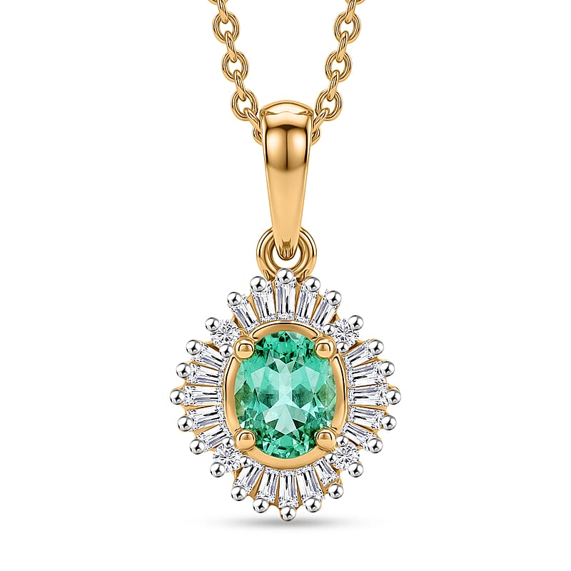D'Joy Boyaca Colombian Emerald and Diamond 0.50 ctw  Sunburst Halo Pendant Necklace in 18K Vermeil Yellow Gold Over Sterling Silver 20 Inches