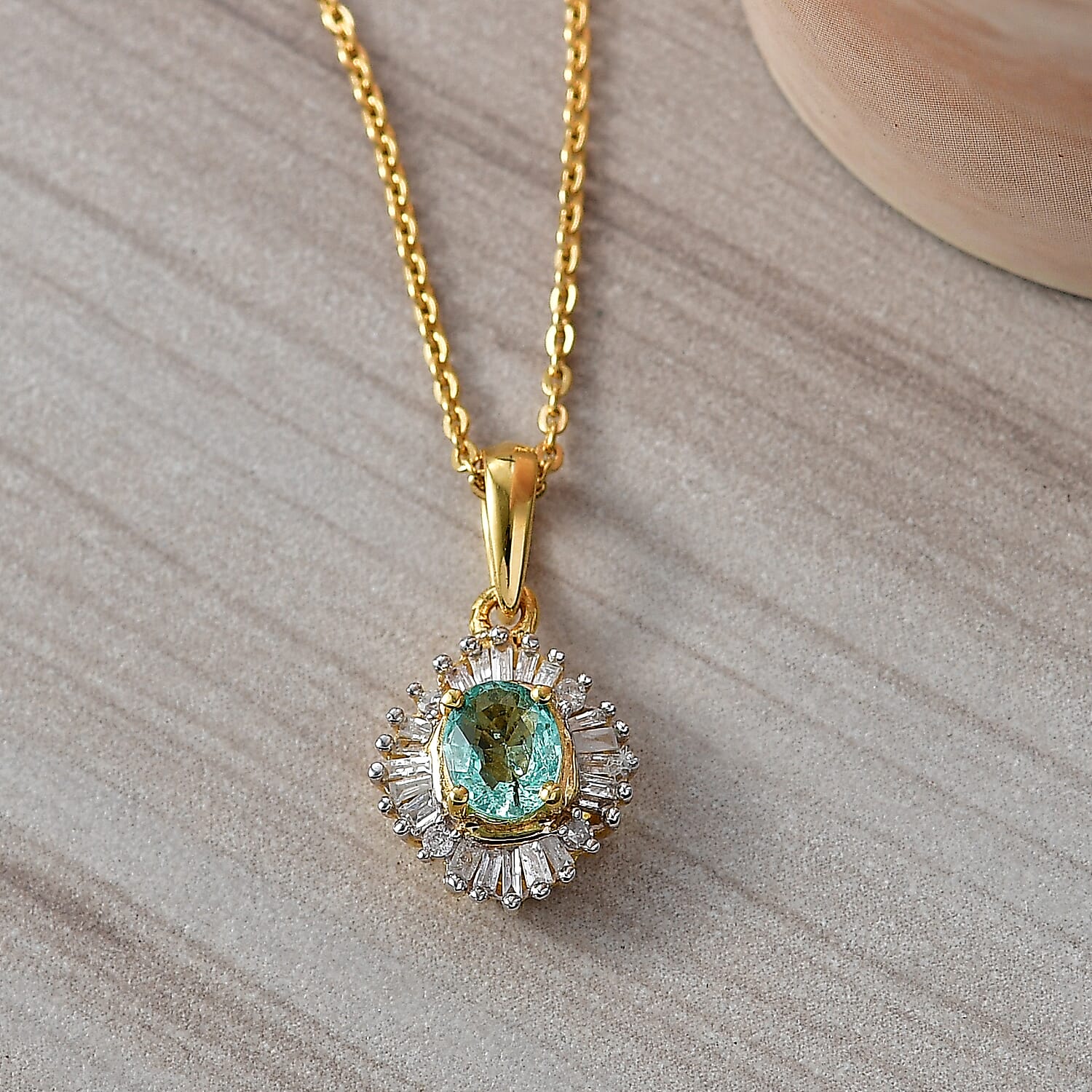 D'Joy Boyaca Colombian Emerald and Diamond 0.50 ctw  Sunburst Halo Pendant Necklace in 18K Vermeil Yellow Gold Over Sterling Silver 20 Inches