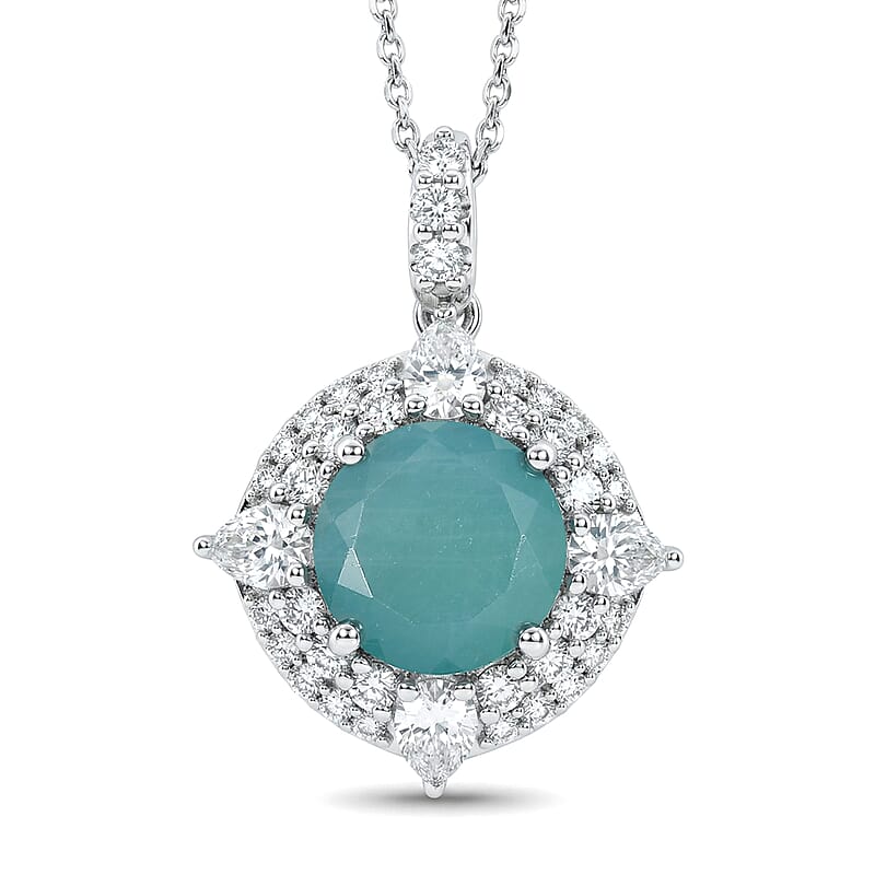 D'Joy Premium Grandidierite and Moissanite 4.25 ctw Pendant Necklace in Rhodium Over Sterling Silver (20 Inches)