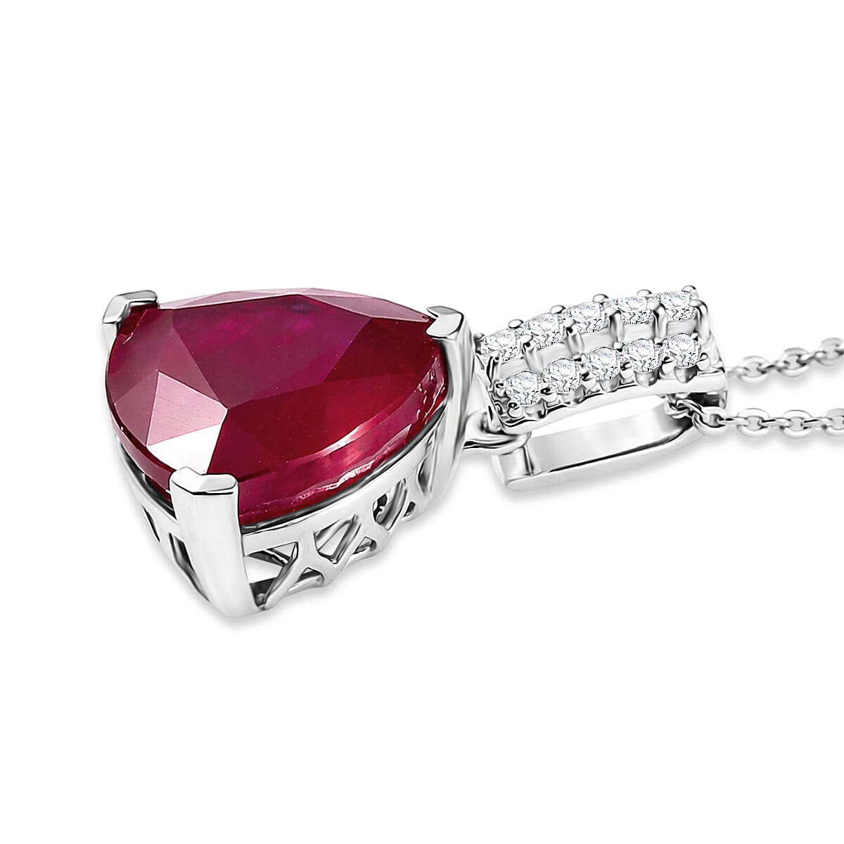Certified & Appraised D'Joy Niassa Ruby (FF) and Moissanite 8.92 ctw Pendant Necklace in Rhodium Over Sterling Silver (20 Inches) image number 3