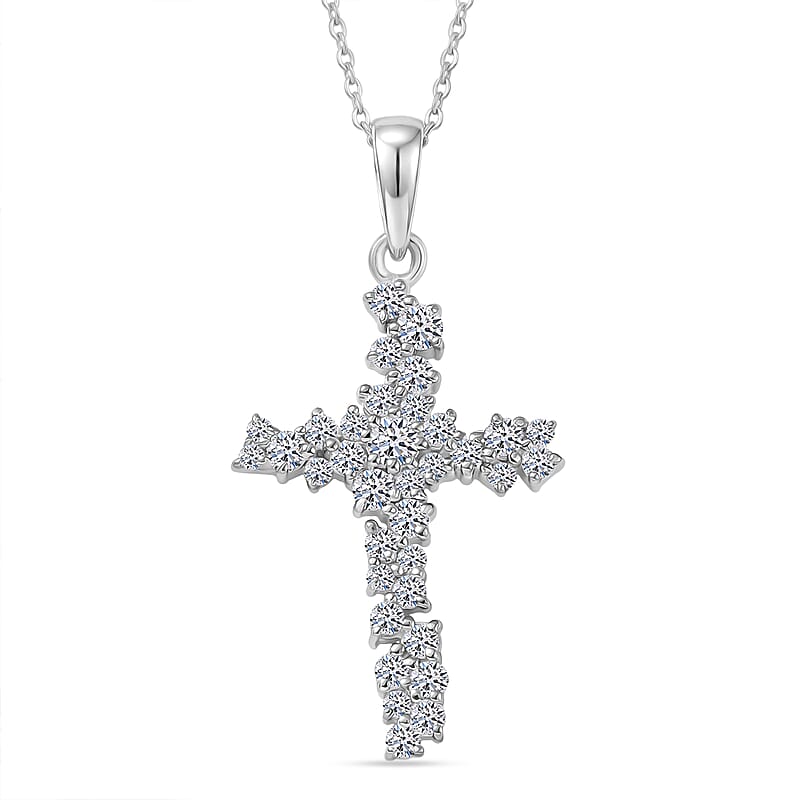 Luxuriant Lab Grown Diamond G-H SI 1.00 ctw Eternal Light Cross Pendant Necklace in Rhodium Over Sterling Silver 20 Inches