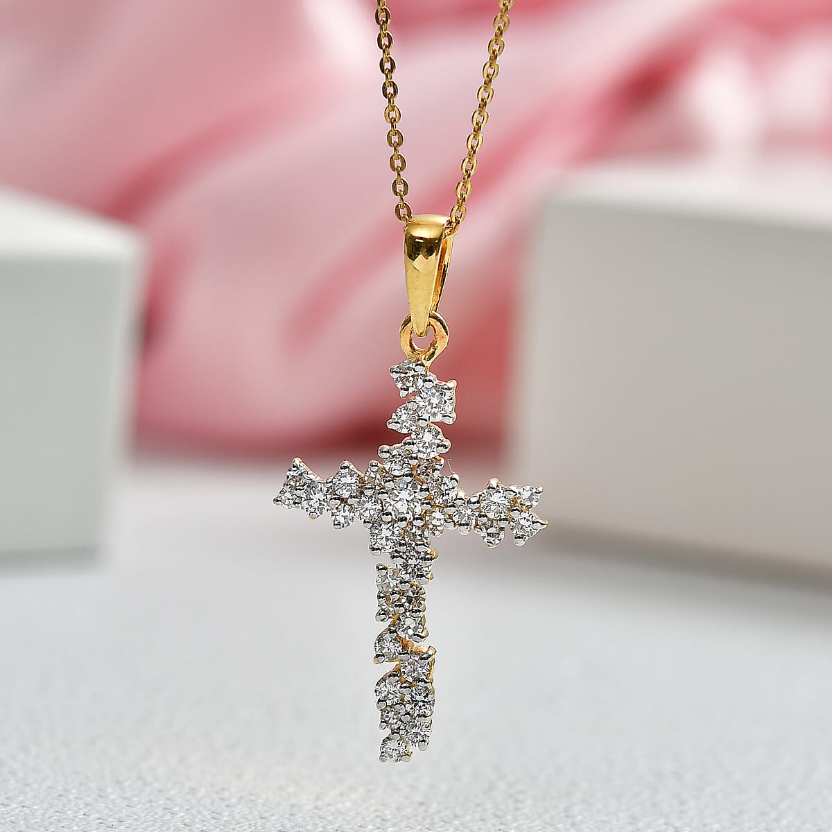 Luxuriant Lab Grown Diamond G-H SI 1.00 ctw Eternal Light Cross Pendant Necklace in 18K Vermeil Yellow Gold Over Sterling Silver 20 Inches  image number 1
