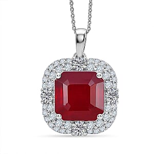 Certified & Appraised D'Joy Asscher Cut Niassa Ruby (FF) and Moissanite 11.90 ctw Pendant Necklace (20 Inches) in Rhodium Over Sterling Silver