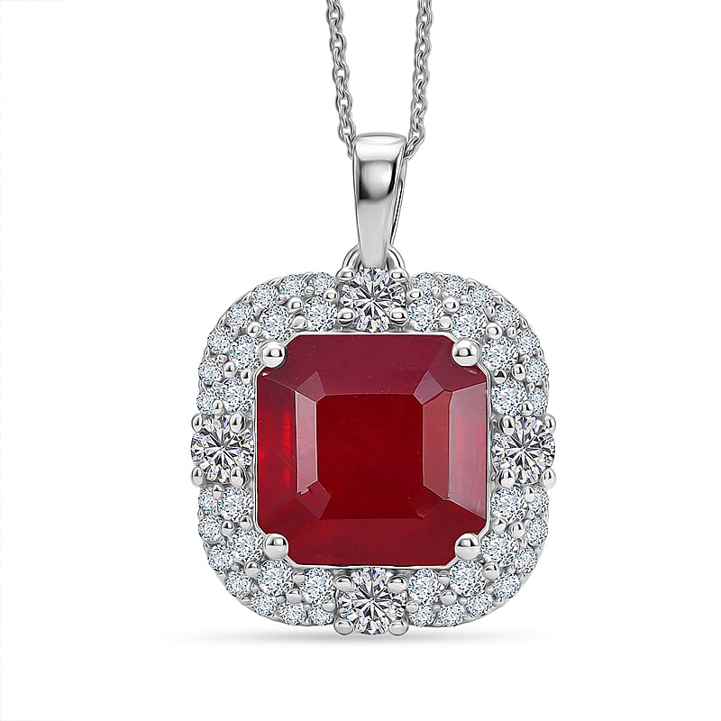 Certified & Appraised D'Joy Asscher Cut Niassa Ruby (FF) and Moissanite 11.90 ctw Pendant Necklace (20 Inches) in Rhodium Over Sterling Silver