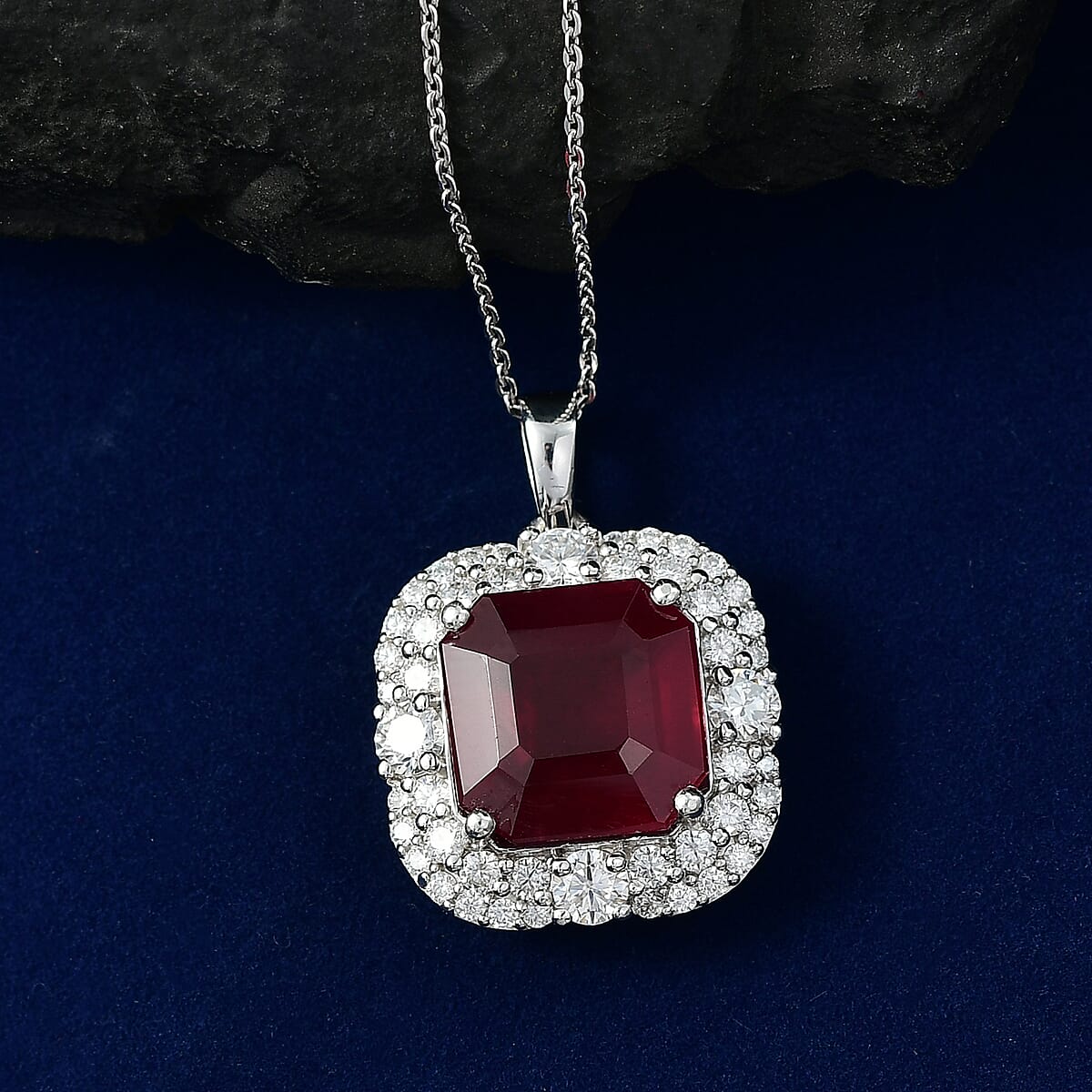 Certified & Appraised D'Joy Asscher Cut Niassa Ruby (FF) and Moissanite 11.90 ctw Pendant Necklace (20 Inches) in Rhodium Over Sterling Silver image number 1