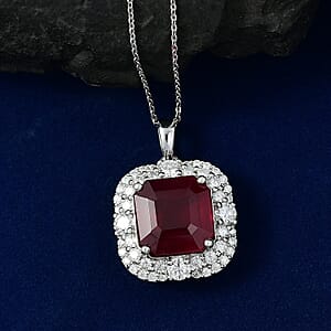 Certified & Appraised D'Joy Asscher Cut Niassa Ruby (FF) and Moissanite 11.90 ctw Pendant Necklace (20 Inches) in Rhodium Over Sterling Silver