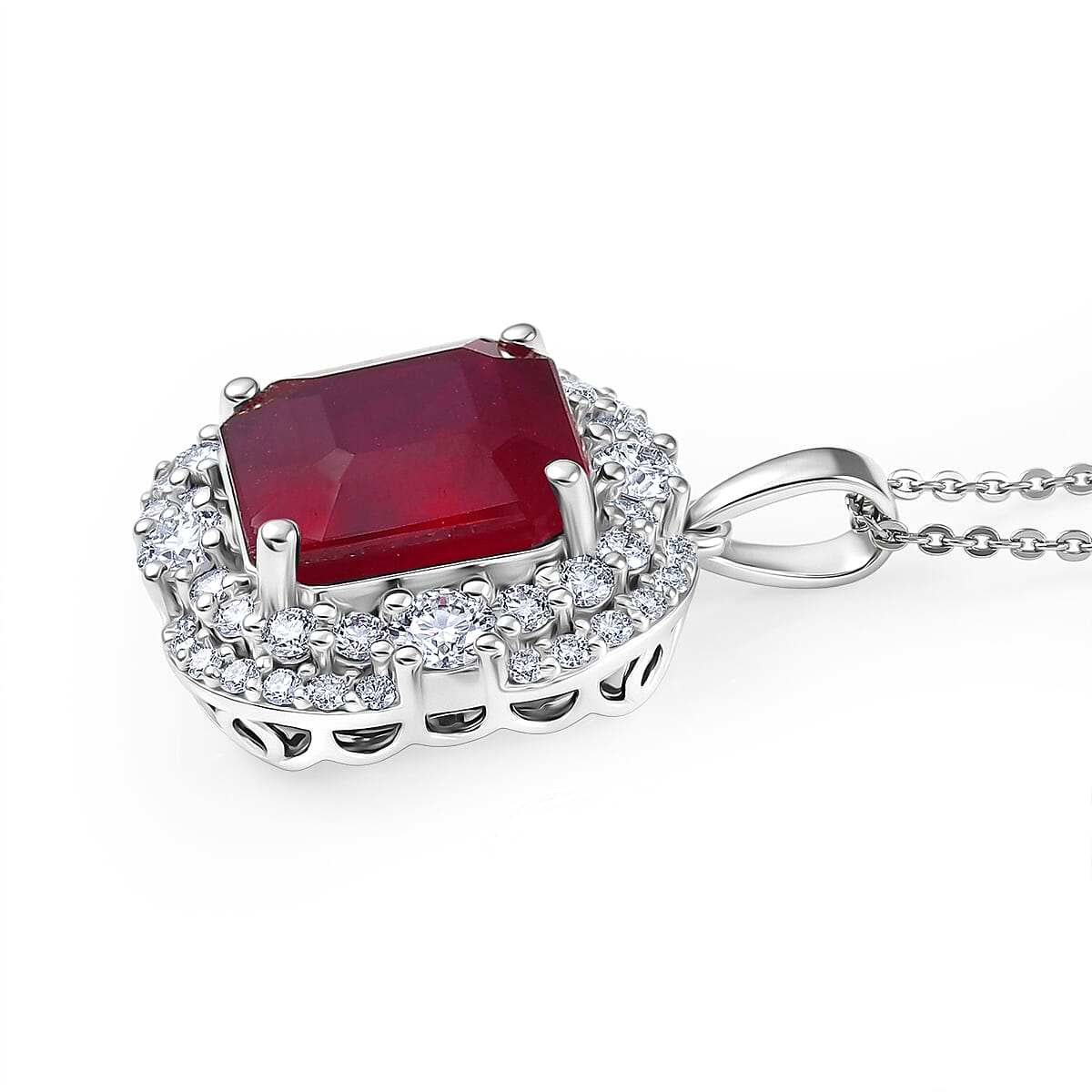 Certified & Appraised D'Joy Asscher Cut Niassa Ruby (FF) and Moissanite 11.90 ctw Pendant Necklace (20 Inches) in Rhodium Over Sterling Silver
