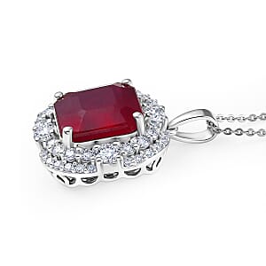 Certified & Appraised D'Joy Asscher Cut Niassa Ruby (FF) and Moissanite 11.90 ctw Pendant Necklace (20 Inches) in Rhodium Over Sterling Silver