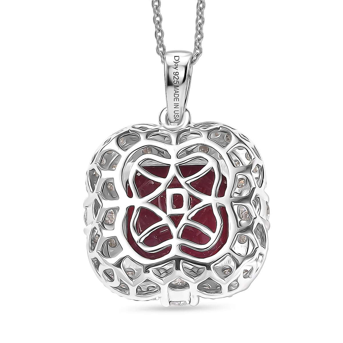 Certified & Appraised D'Joy Asscher Cut Niassa Ruby (FF) and Moissanite 11.90 ctw Pendant Necklace (20 Inches) in Rhodium Over Sterling Silver