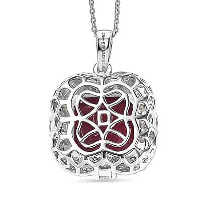 Certified & Appraised D'Joy Asscher Cut Niassa Ruby (FF) and Moissanite 11.90 ctw Pendant Necklace (20 Inches) in Rhodium Over Sterling Silver