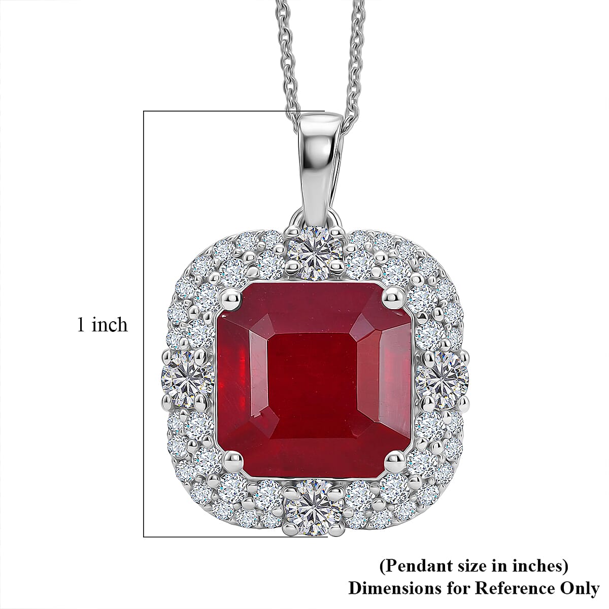 Certified & Appraised D'Joy Asscher Cut Niassa Ruby (FF) and Moissanite 11.90 ctw Pendant Necklace (20 Inches) in Rhodium Over Sterling Silver