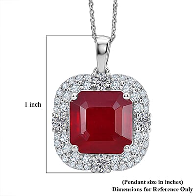 Certified & Appraised D'Joy Asscher Cut Niassa Ruby (FF) and Moissanite 11.90 ctw Pendant Necklace (20 Inches) in Rhodium Over Sterling Silver