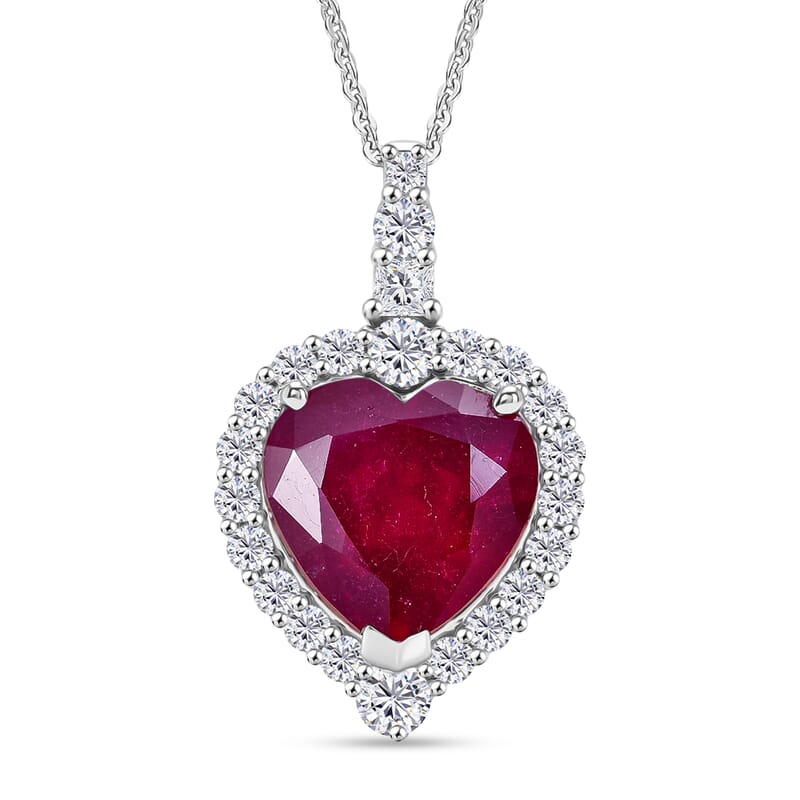 D'Joy Premium Niassa Ruby (FF) and Moissanite 9.70 ctw Pendant Necklace (20 Inches) in Rhodium Over Sterling Silver
