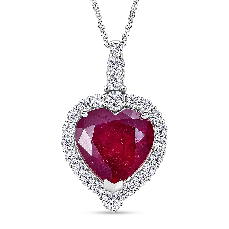 D'Joy Premium Niassa Ruby (FF) and Moissanite 9.70 ctw Pendant Necklace (20 Inches) in Rhodium Over Sterling Silver