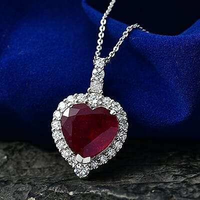 D'Joy Premium Niassa Ruby (FF) and Moissanite 9.70 ctw Pendant Necklace (20 Inches) in Rhodium Over Sterling Silver