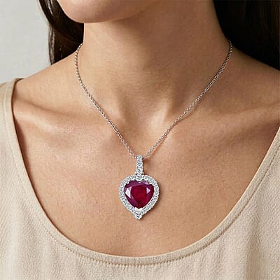 D'Joy Premium Niassa Ruby (FF) and Moissanite 9.70 ctw Pendant Necklace (20 Inches) in Rhodium Over Sterling Silver