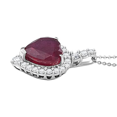 D'Joy Premium Niassa Ruby (FF) and Moissanite 9.70 ctw Pendant Necklace (20 Inches) in Rhodium Over Sterling Silver