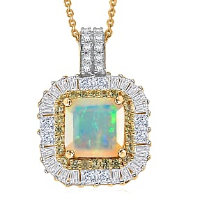 D'Joy Premium Asscher Cut Ethiopian Welo Opal and Multi Gemstone 2.65 ctw Pendant Necklace in 18K Vermeil Yellow Gold Over Sterling Silver 20 Inches