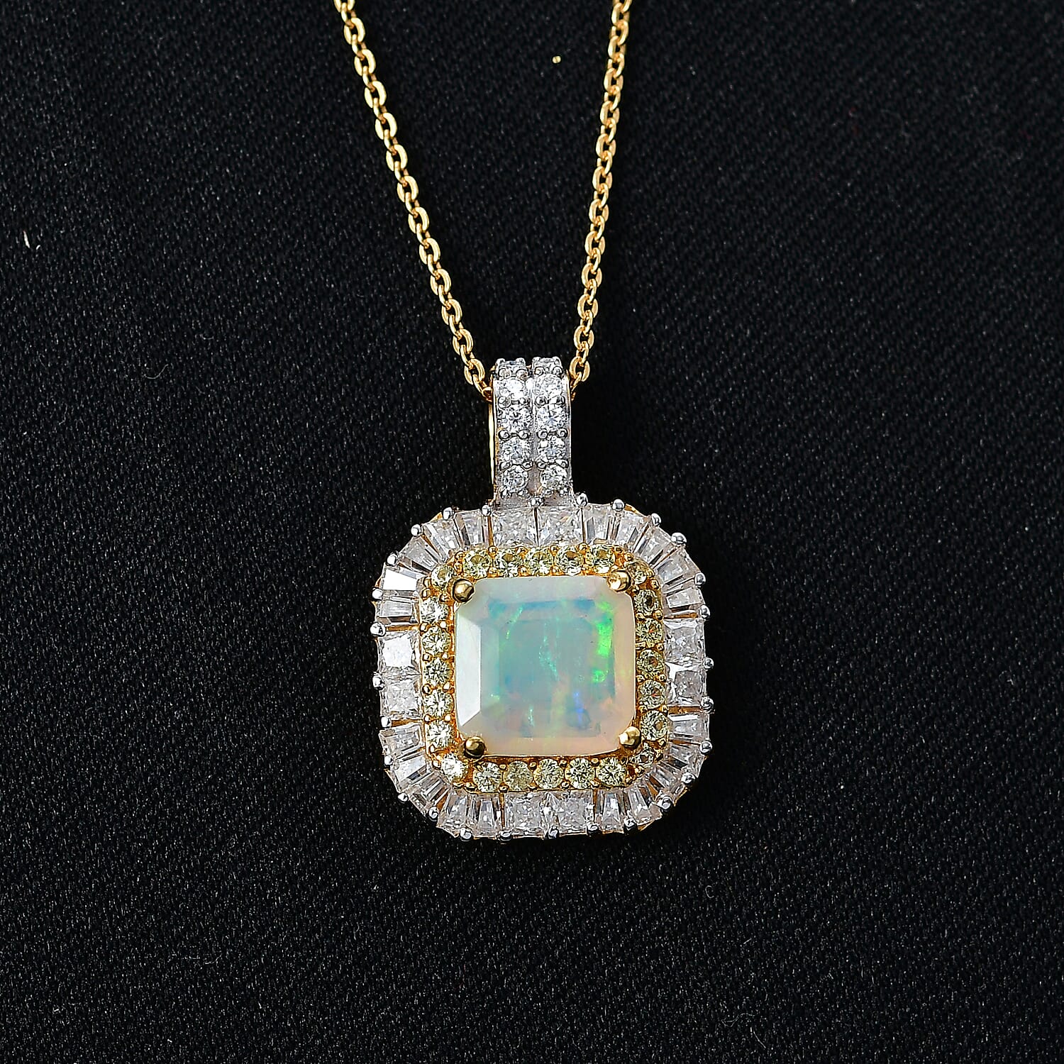 D'Joy Premium Asscher Cut Ethiopian Welo Opal and Multi Gemstone 2.65 ctw Prism Crown Pendant Necklace in 18K Vermeil Yellow Gold Over Sterling Silver 20 Inches