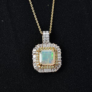 D'Joy Premium Asscher Cut Ethiopian Welo Opal and Multi Gemstone 2.65 ctw Pendant Necklace in 18K Vermeil Yellow Gold Over Sterling Silver 20 Inches