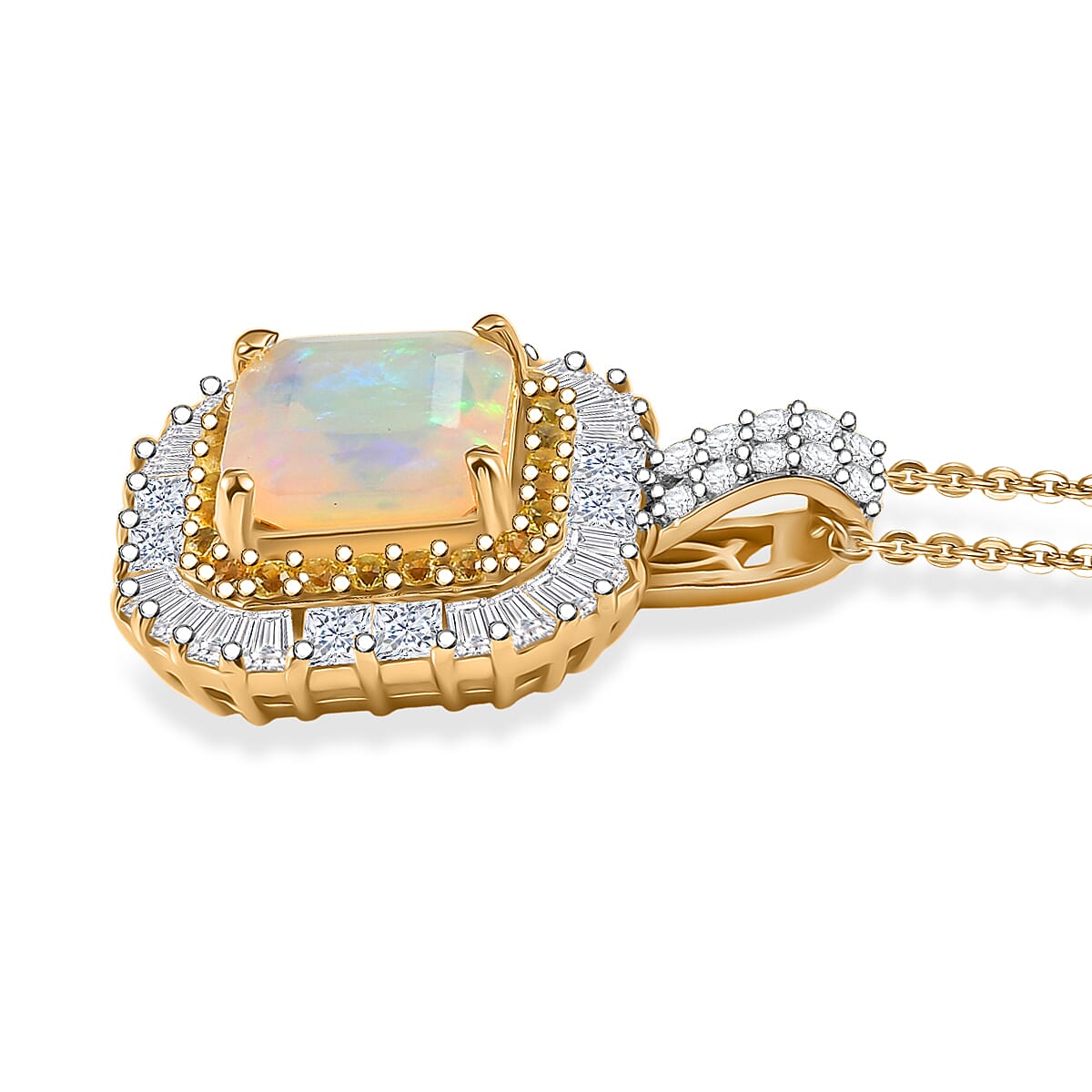 D'Joy Premium Asscher Cut Ethiopian Welo Opal and Multi Gemstone 2.65 ctw Pendant Necklace in 18K Vermeil Yellow Gold Over Sterling Silver 20 Inches image number 3