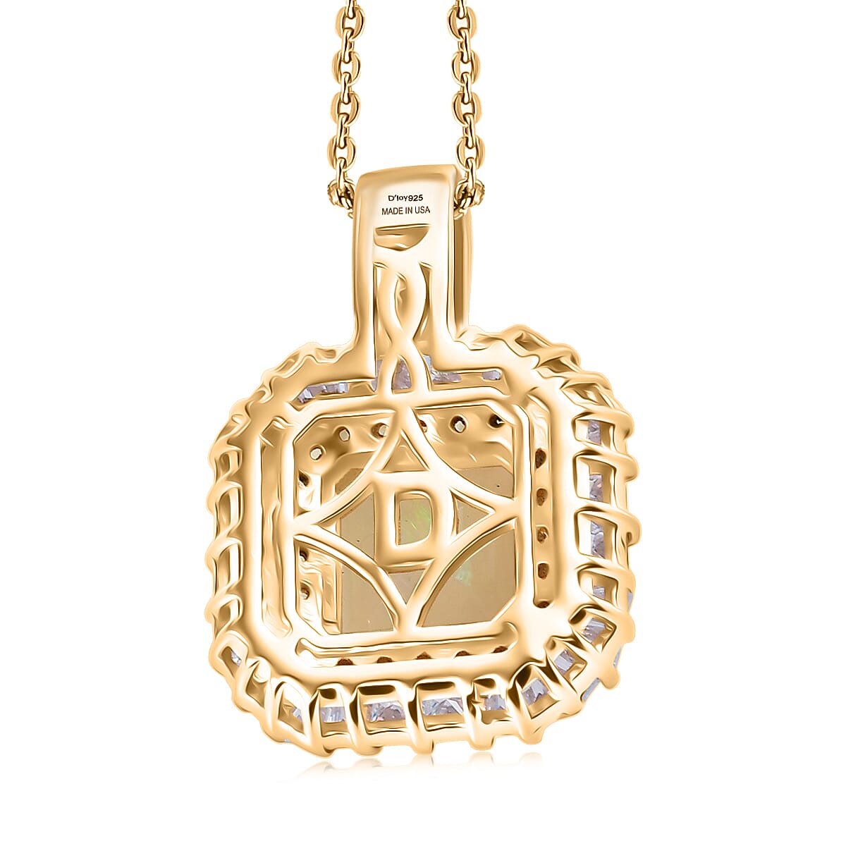 D'Joy Premium Asscher Cut Ethiopian Welo Opal and Multi Gemstone 2.65 ctw Prism Crown Pendant Necklace in 18K Vermeil Yellow Gold Over Sterling Silver 20 Inches