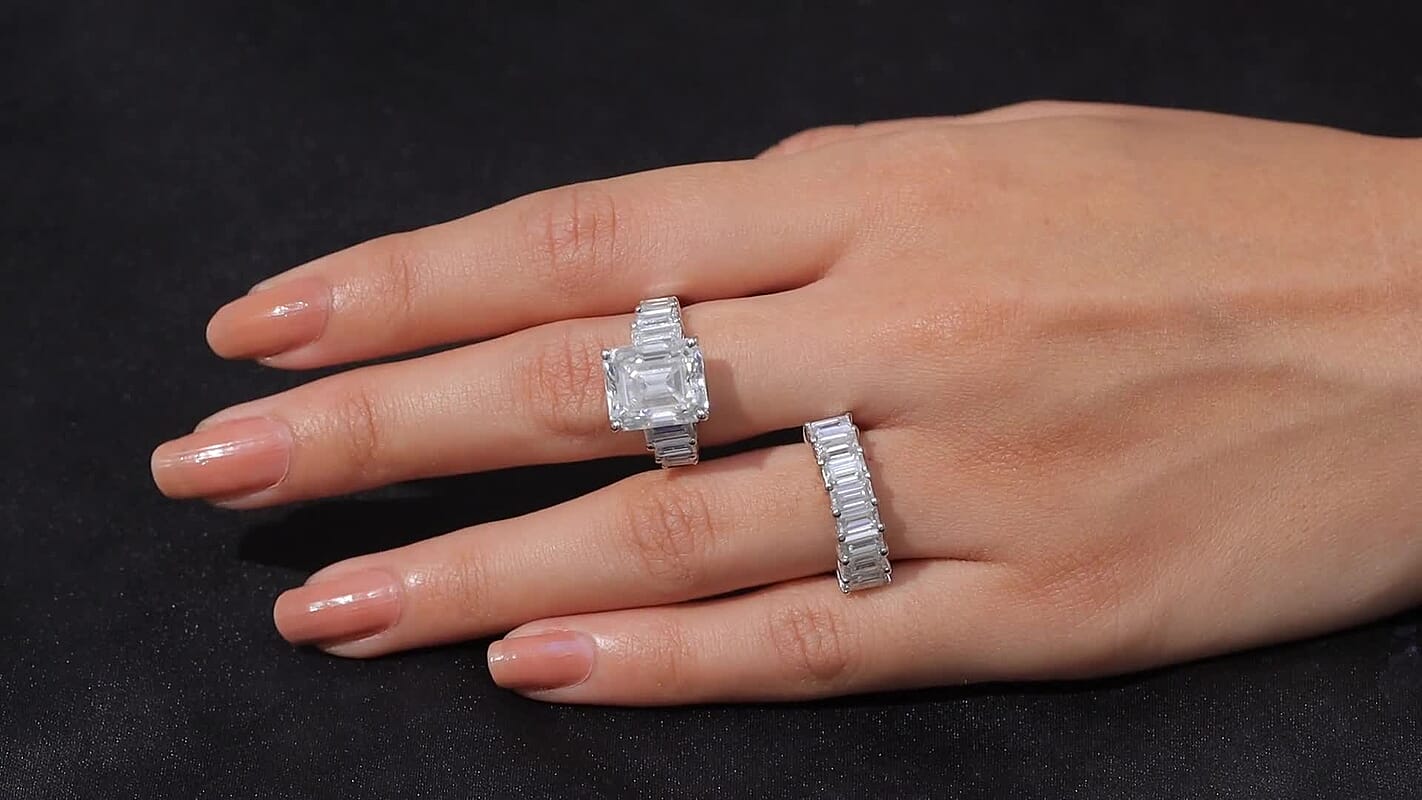 D'Joy Moissanite (Oct 12x10mm) Set of 2 Ring in Rhodium Over Sterling Silver 10.65 ctw