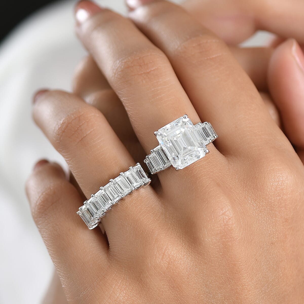 D'Joy Moissanite (Oct 12x10mm) Set of 2 Ring in Rhodium Over Sterling Silver 10.65 ctw image number 2