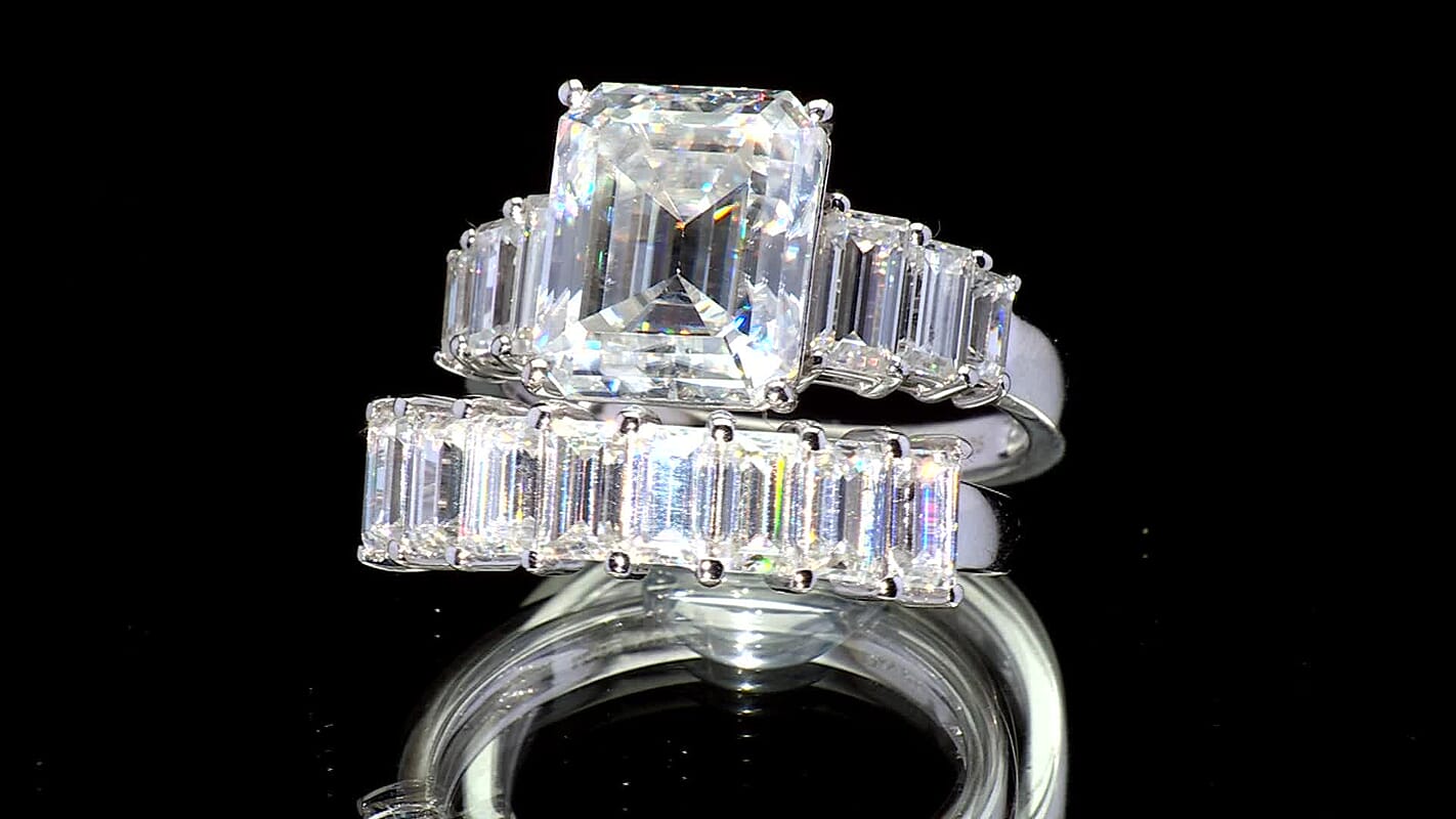 D'Joy Moissanite (Oct 12x10mm) Set of 2 Ring in Rhodium Over Sterling Silver 10.65 ctw