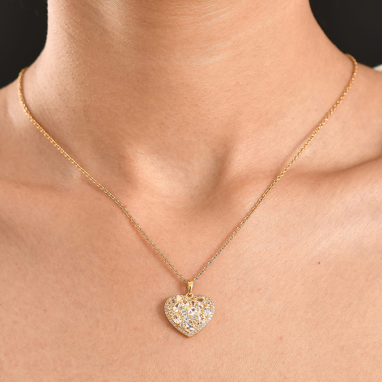 EverTrue Lab Created White Sapphire 2.50 ctw Heart Pendant in 18K YG Plated with ION Plated YG Stainless Steel Necklace (20 Inches)