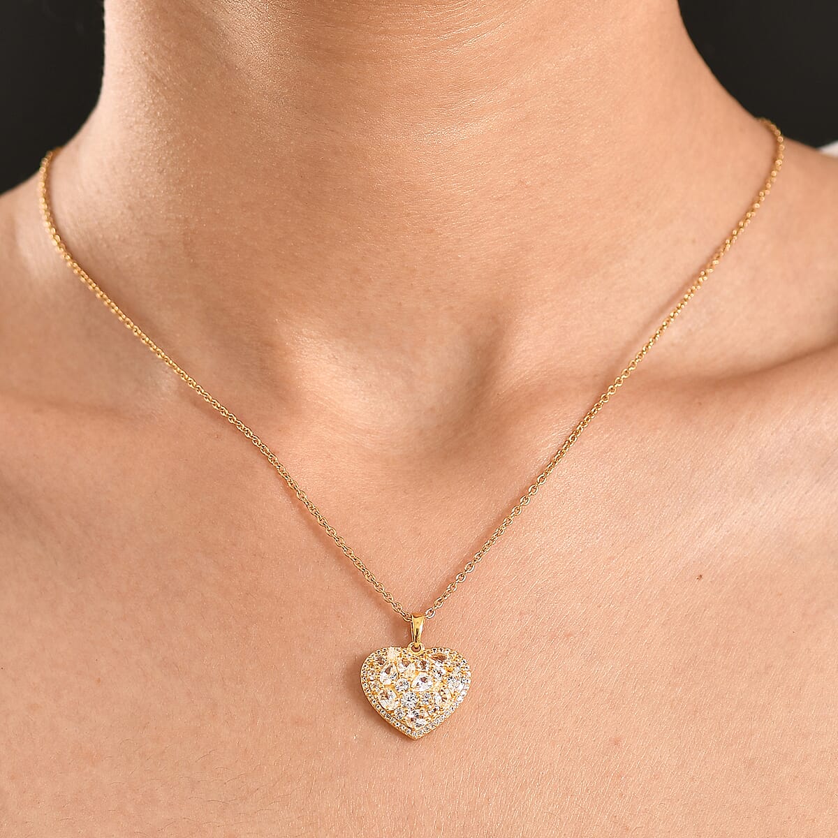 EverTrue Lab Created White Sapphire 2.50 ctw Heart Pendant in 18K YG Plated with ION Plated YG Stainless Steel Necklace (20 Inches) image number 2