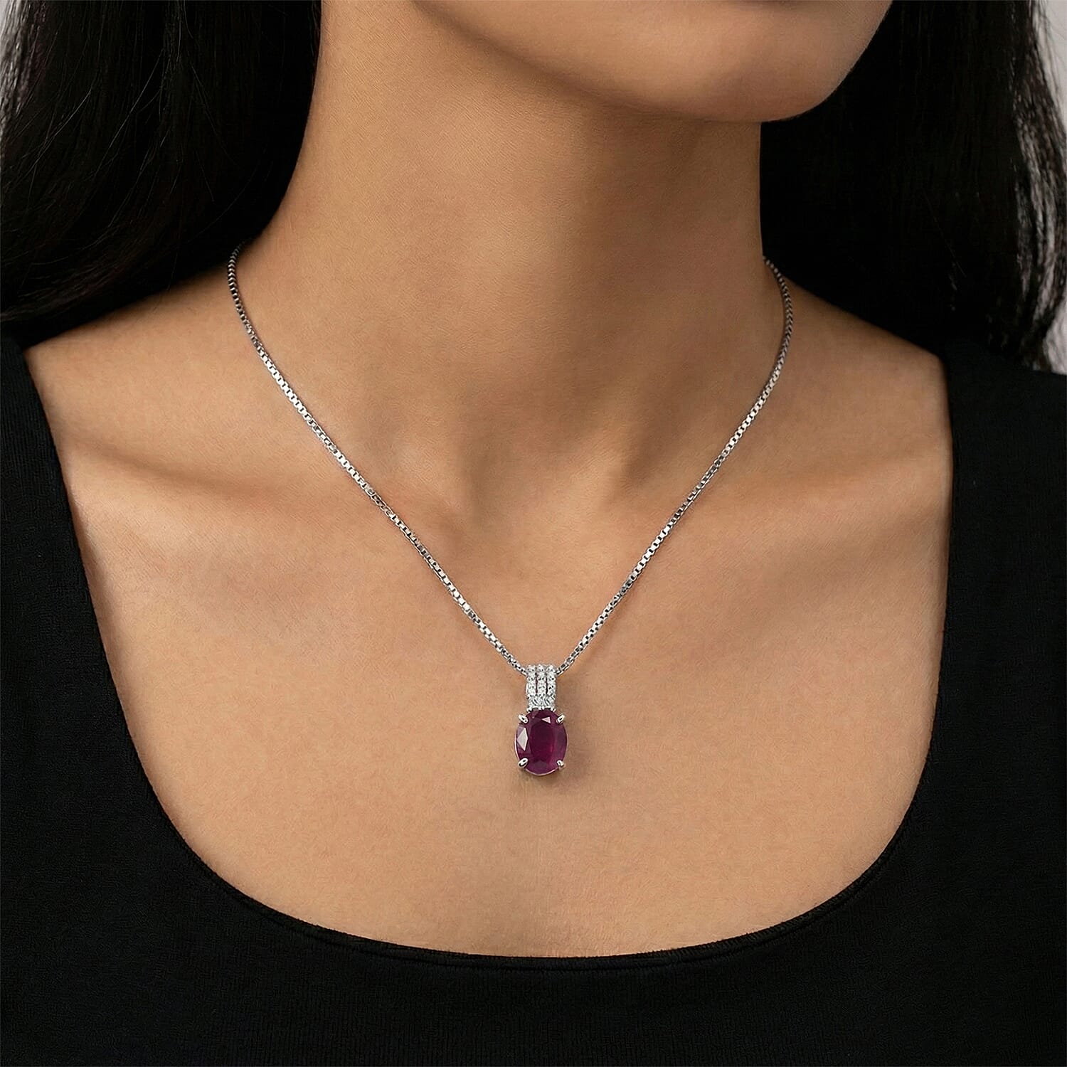 D'Joy AAA Natural Ruby and Moissanite 2.60 ctw Dynasty Flame Pendant Necklace in Rhodium Over Sterling Silver (20 Inches)