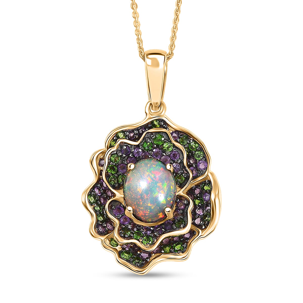 D'Joy Premium Ethiopian Welo Opal and Multi Gemstone 3.20 ctw Prism Blossom Pendant Necklace in 18K Vermeil Yellow Gold Over Sterling Silver 20 Inches