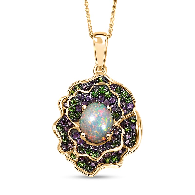 D'Joy Premium Ethiopian Welo Opal and Multi Gemstone 3.20 ctw Prism Blossom Pendant Necklace in 18K Vermeil Yellow Gold Over Sterling Silver 20 Inches