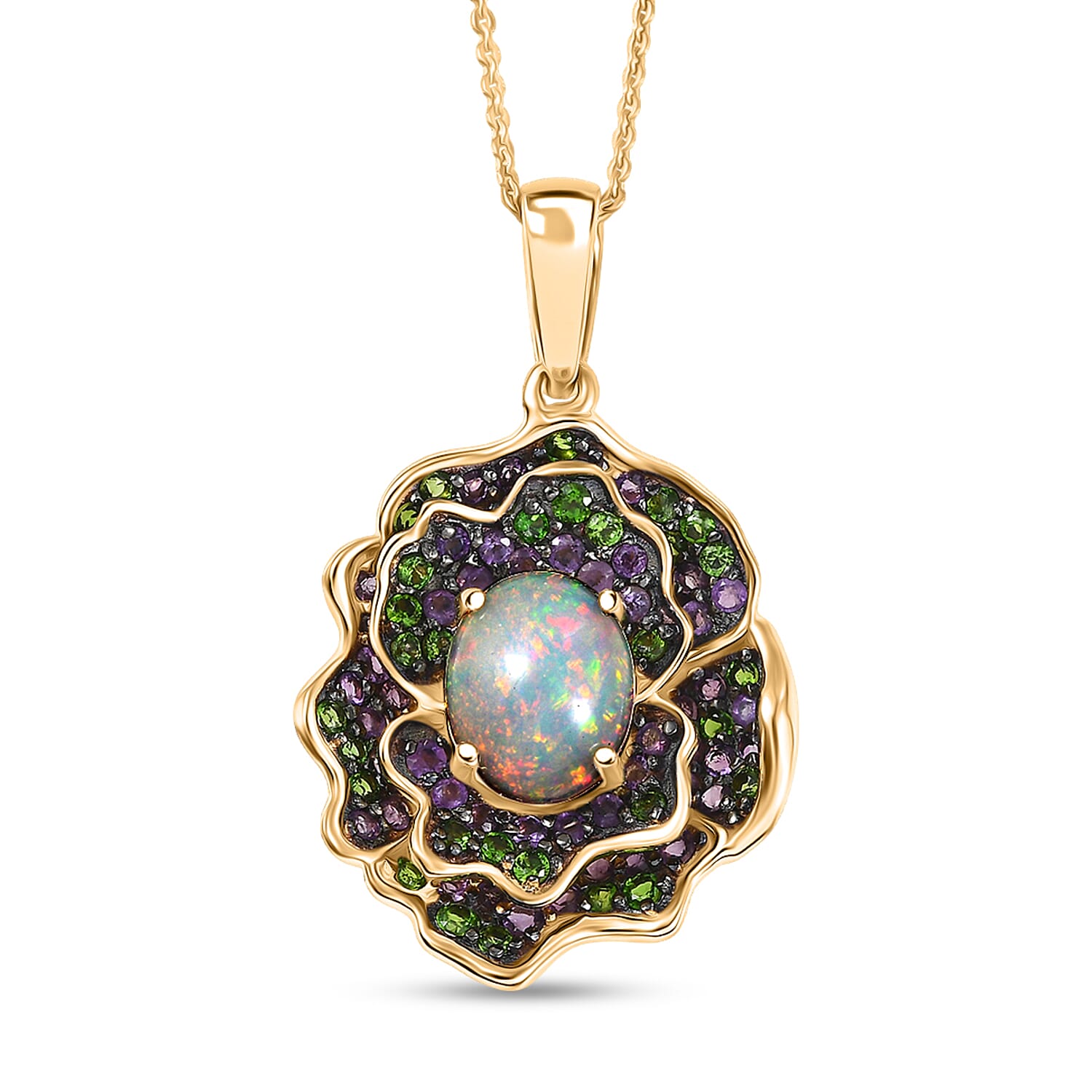D'Joy Premium Ethiopian Welo Opal and Multi Gemstone 3.20 ctw Prism Blossom Pendant Necklace in 18K Vermeil Yellow Gold Over Ste
