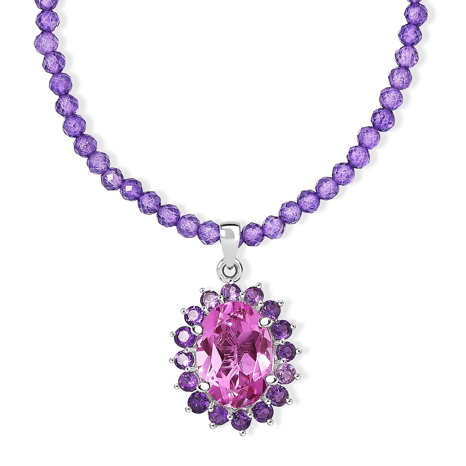EverTrue African Lilac Quartz (Triplet) and African Amethyst 57.20 ctw Rosewood Pendant with Beaded Necklace in Platinum Bond 20 Inches (Ships in 5-7 Days)