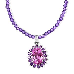 EverTrue African Lilac Quartz (Triplet) and African Amethyst 57.20 ctw Rosewood Pendant with Beaded Necklace in Platinum Bond 20 Inches (Ships in 5-7 Days)