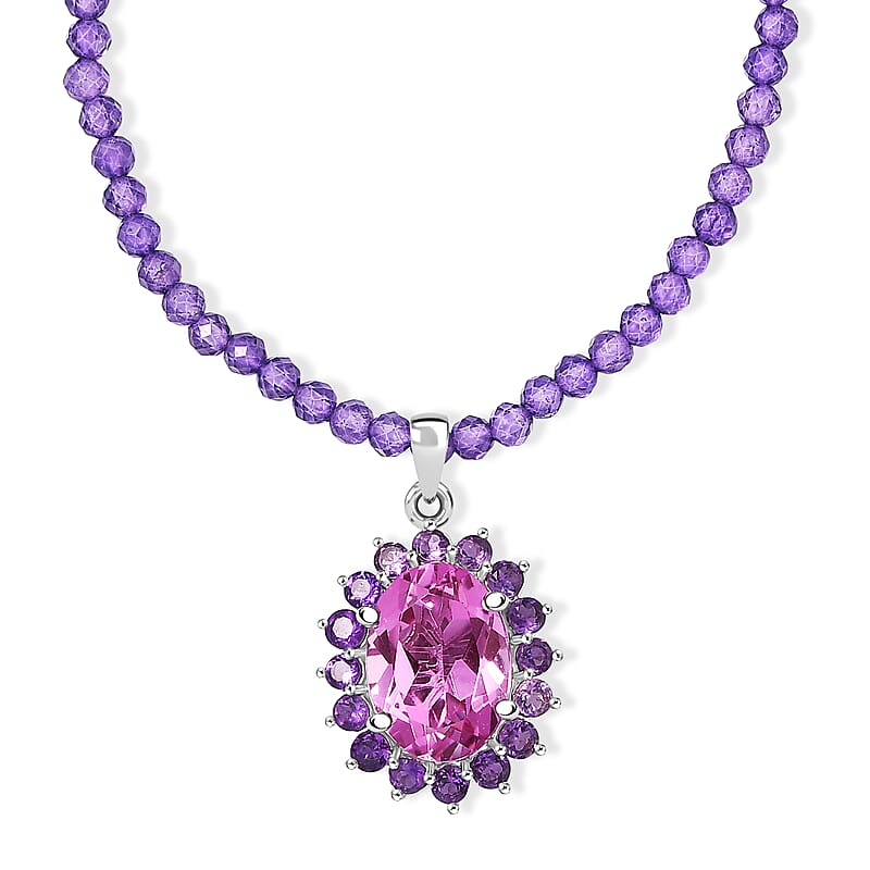 EverTrue African Lilac Quartz (Triplet) and African Amethyst 57.20 ctw Rosewood Pendant with Beaded Necklace in Platinum Bond 20 Inches (Ships in 5-7 Days)