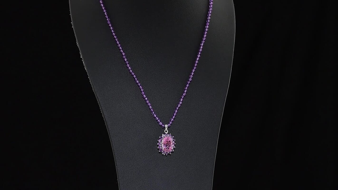 EverTrue African Lilac Quartz (Triplet) and African Amethyst 57.20 ctw Rosewood Pendant with Beaded Necklace in Platinum Bond 20 Inches (Ships in 5-7 Days)