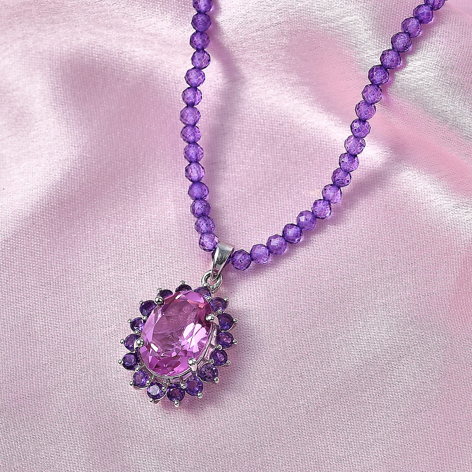 EverTrue African Lilac Quartz (Triplet) and African Amethyst 57.20 ctw Rosewood Pendant with Beaded Necklace in Platinum Bond 20 Inches (Ships in 5-7 Days)