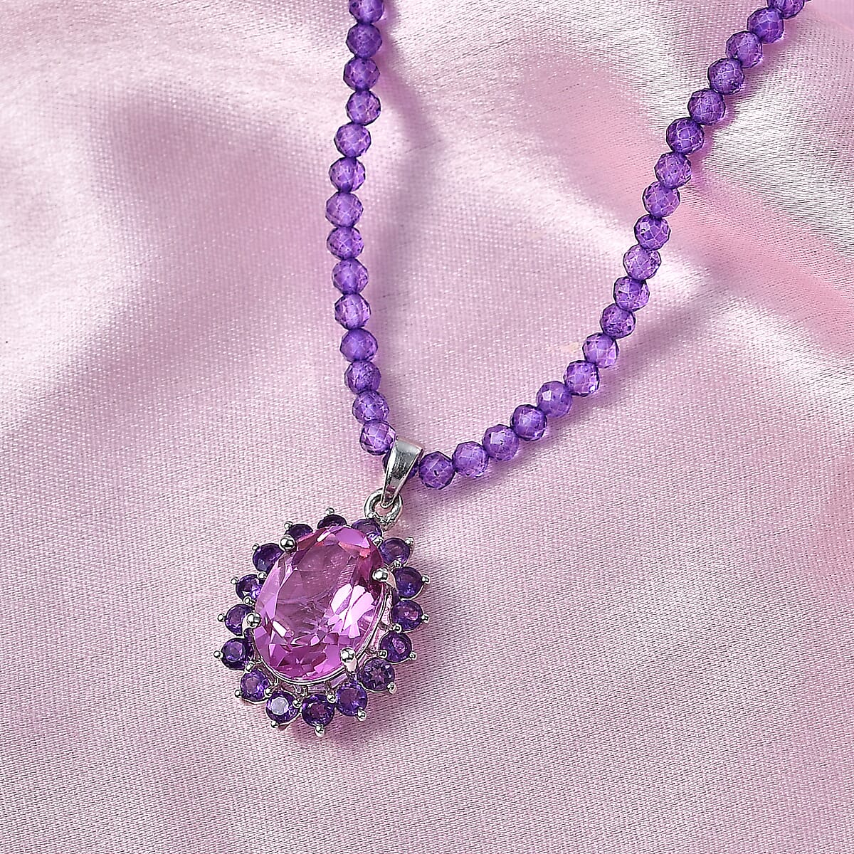 EverTrue African Lilac Quartz (Triplet) and African Amethyst 57.20 ctw Rosewood Pendant with Beaded Necklace in Platinum Bond 20 Inches (Ships in 5-7 Days) image number 1