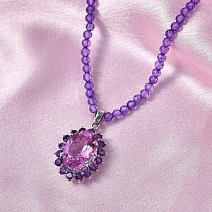 EverTrue African Lilac Quartz (Triplet) and African Amethyst 57.20 ctw Rosewood Pendant with Beaded Necklace in Platinum Bond 20 Inches (Ships in 5-7 Days)
