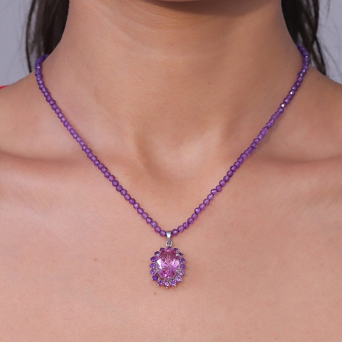 EverTrue African Lilac Quartz (Triplet) and African Amethyst 57.20 ctw Rosewood Pendant with Beaded Necklace in Platinum Bond 20 Inches (Ships in 5-7 Days) image number 2