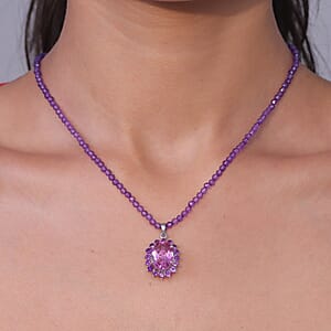 EverTrue African Lilac Quartz (Triplet) and African Amethyst 57.20 ctw Rosewood Pendant with Beaded Necklace in Platinum Bond 20 Inches (Ships in 5-7 Days)