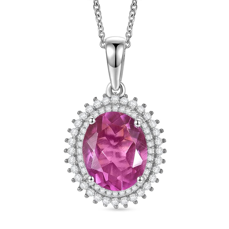 EverTrue African Lilac Quartz (Triplet) and White Zircon 4.70 ctw Bloom Glow Pendant in Platinum Bond with Stainless Steel Necklace 20 Inches